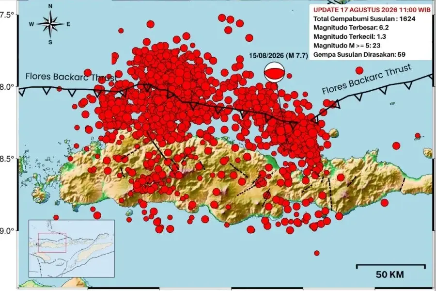 BMKG Catat 1.624 Gempa Susulan di NTT, Terbesar M 6,2 1.624 Gempa Bumi Susulan di NTT/Dpk BMKG