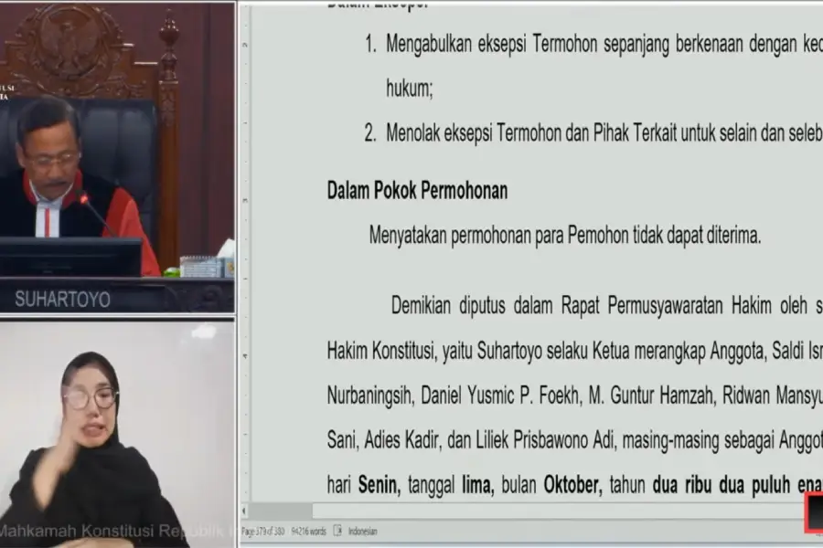 Sidang pleno MK pada Senin (6/10/2026) pukul 20.00 WIB